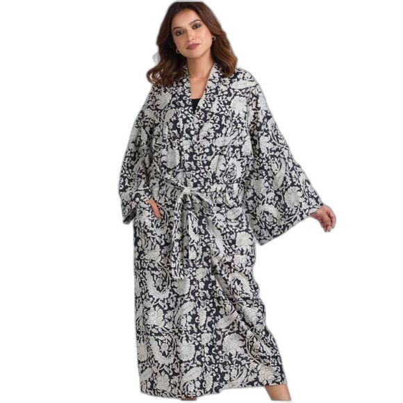 SEVYA handmade cotton kimono robe white black paisley one size fits most EUC - Picture 1 of 16